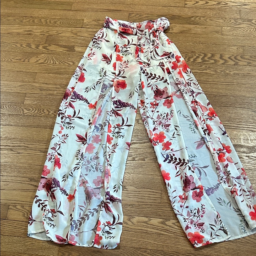 Honey Punch Cream Flyaway Floral Wrap Pants with Coral & Pink Print